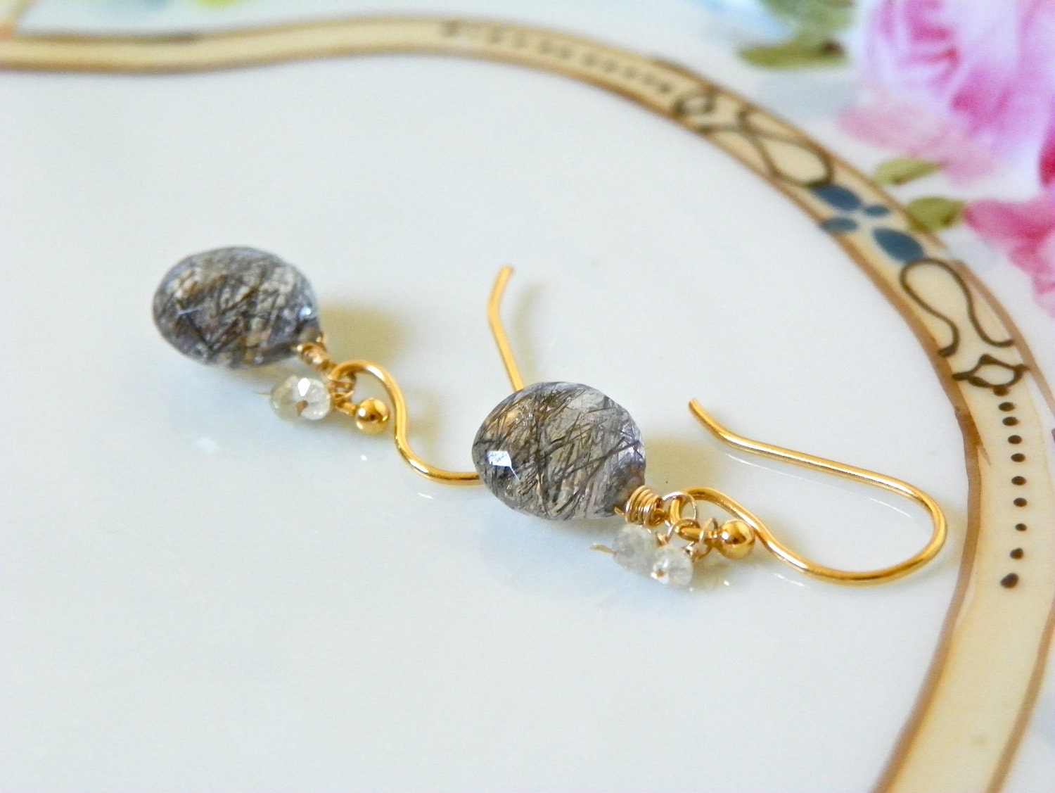 Black and White Diamond Earrings with Gold and AAA Rutilated Quartz