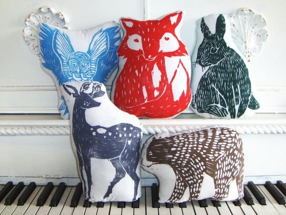 Woodland Creatures Collection. 5 Plush Animal Pillows. Woodblock Printed. Save 10%. Customizable Colors.