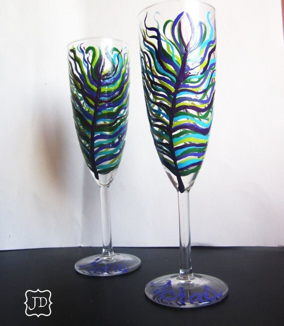  champagne glasses toasting flutes peacock wedding bridal party