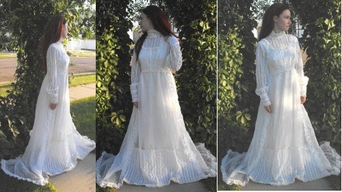 Wedding Dress SALE Vintage 70s Hippie Bridal Gown White Lace Victorian