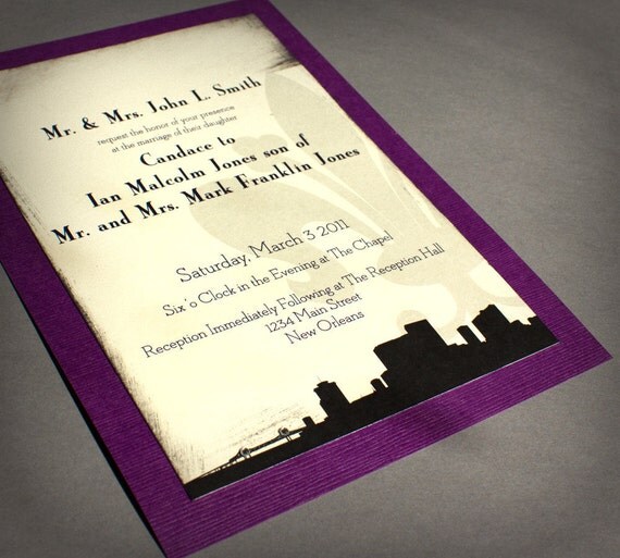 New Orleans Wedding Invitation Skyline Black Cream Purple Handmade Custom