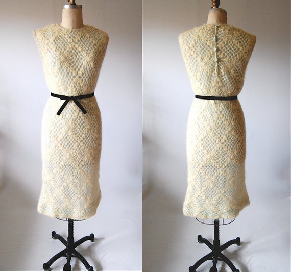 Vintage 60's crochet dress mohair cream pale aqua shift Spring Easter S M small / medium