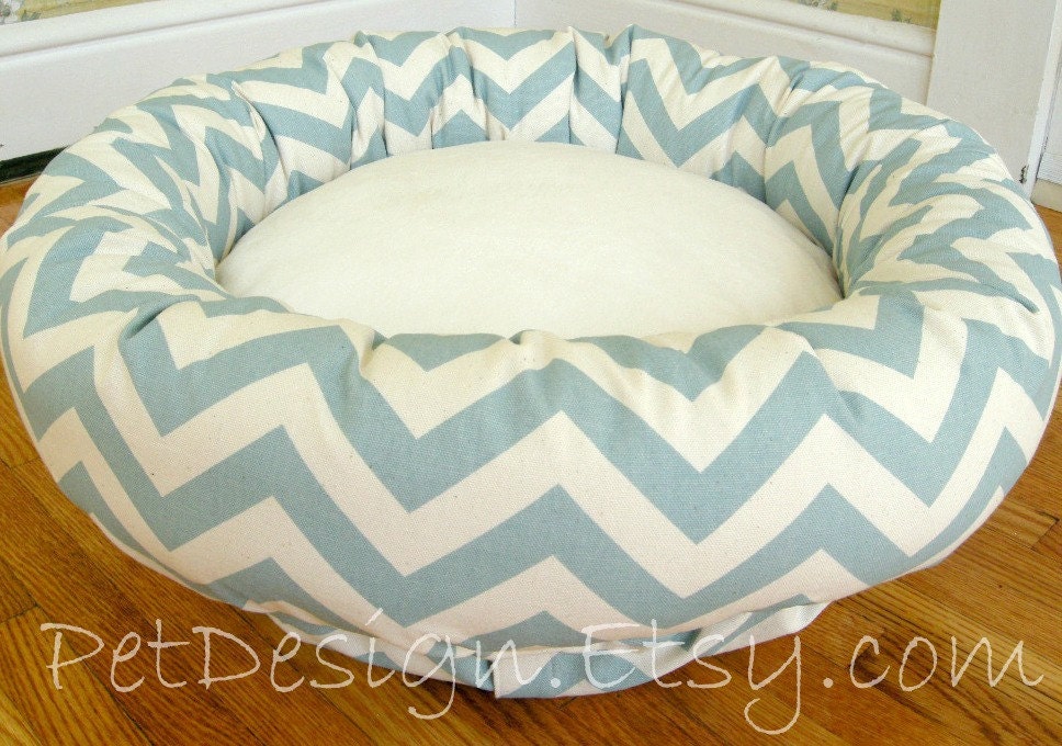 Med - Dog Bed - Chevron Dusty Blue & Cream with Soft Minky Fleece - Washable Cover