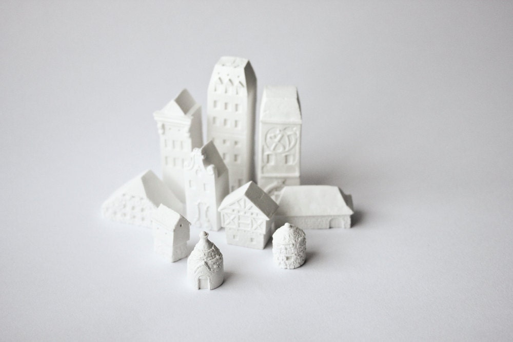 Clay Architecture Wall Installation - Ceramic clay houses by Artisanie Europe - pure white home decor modern wall art