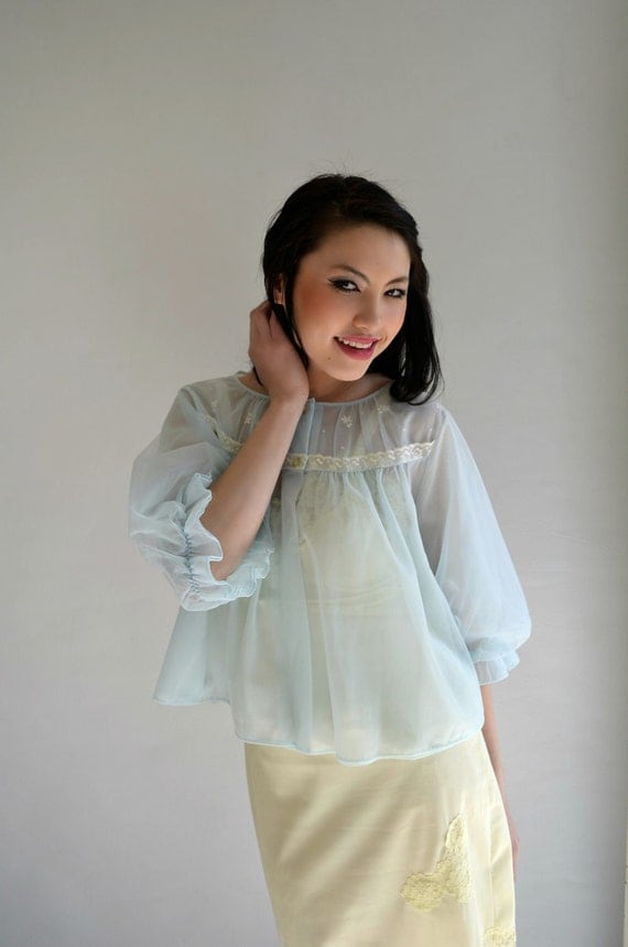AQUA Chiffon Vintage 60s Bed Jacket Puffed Sleeves by empressjade from etsy.com