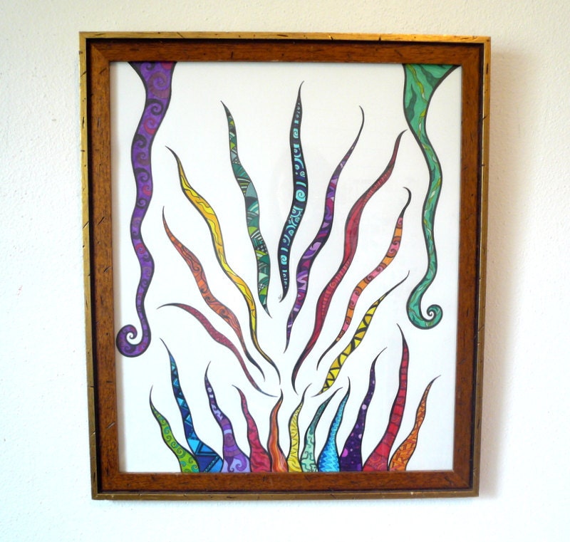 Colorful original pen and ink drawing, rainbow colors. frame included "Spectrum"