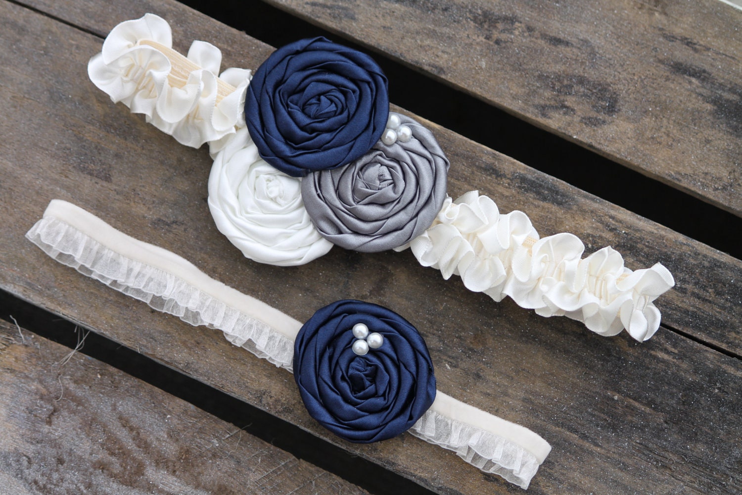 Bridal Garter Set Rosette Navy Blue Charcoal Cream From SeventhStudio