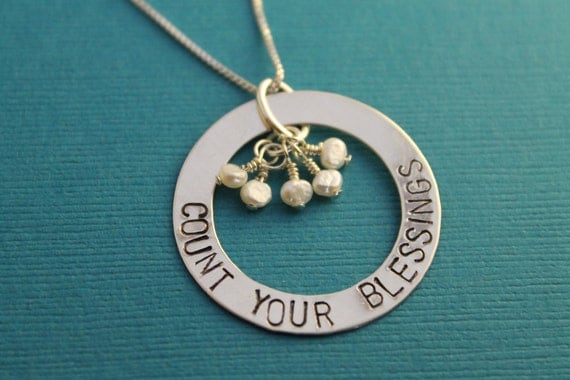 Hand Stamped "Count Your Blessings" Mother's/Grandmother's Necklace with Freshwater Pearls