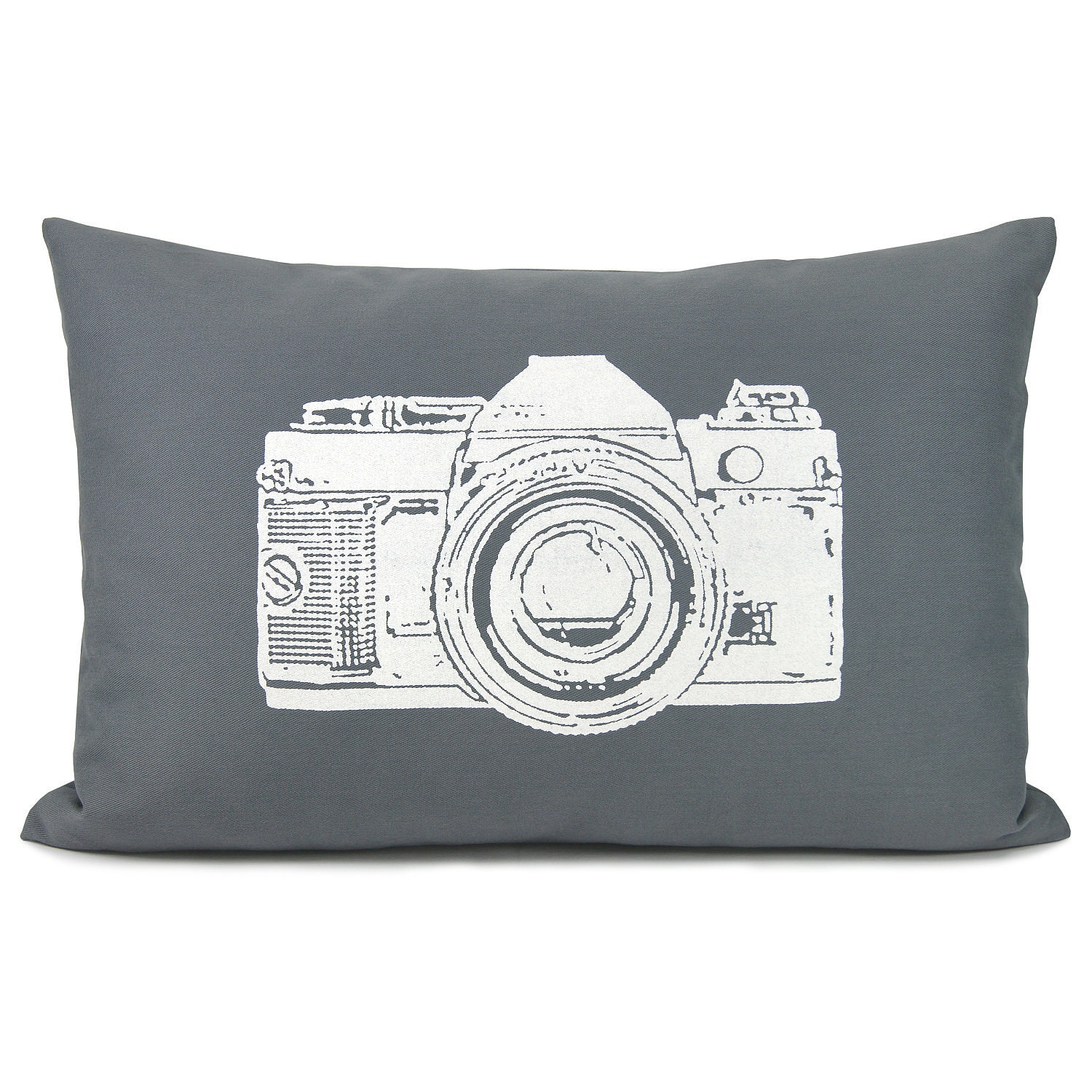 Gray and white decorative pillow cover - White vintage camera print on grey cotton fabric throw pillow case - 12x18 lumbar pillow cover