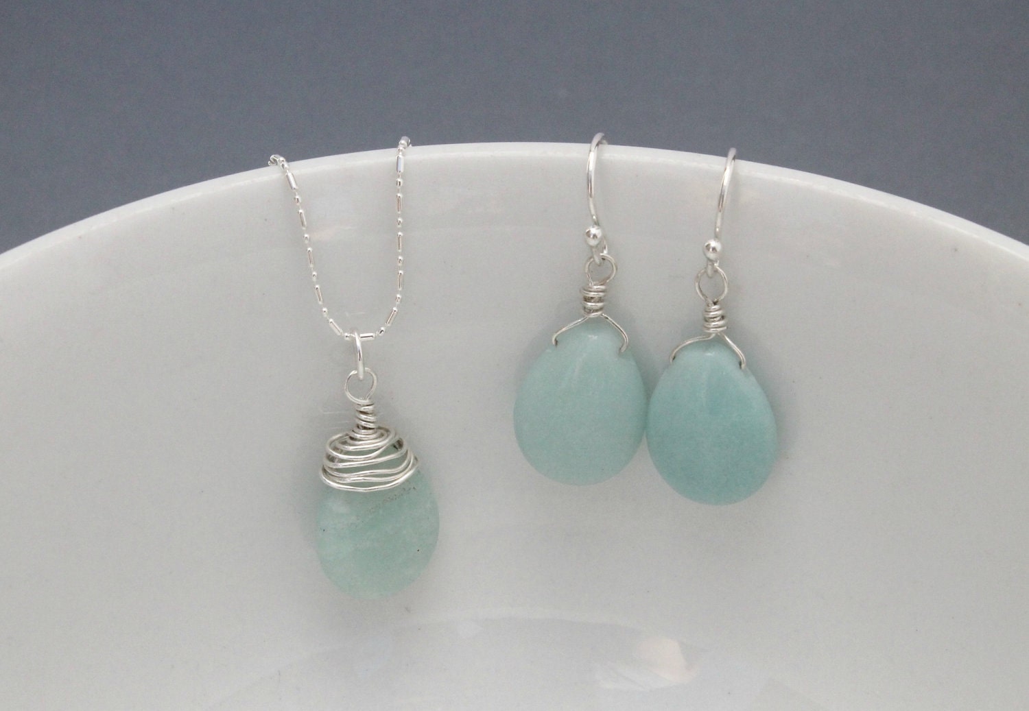 Wire Wrapped Amazonite Necklace and Earrings Set Sterling Silver