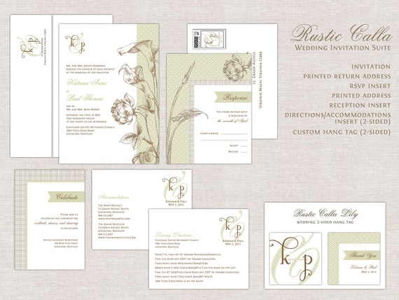 Wedding Invitation Rustic Calla Lily Lillies with Roses in Sage and Taupe 