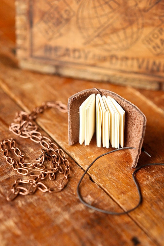 Mini Leather Journal Necklace with Skeleton Key - Mini Book Pendant