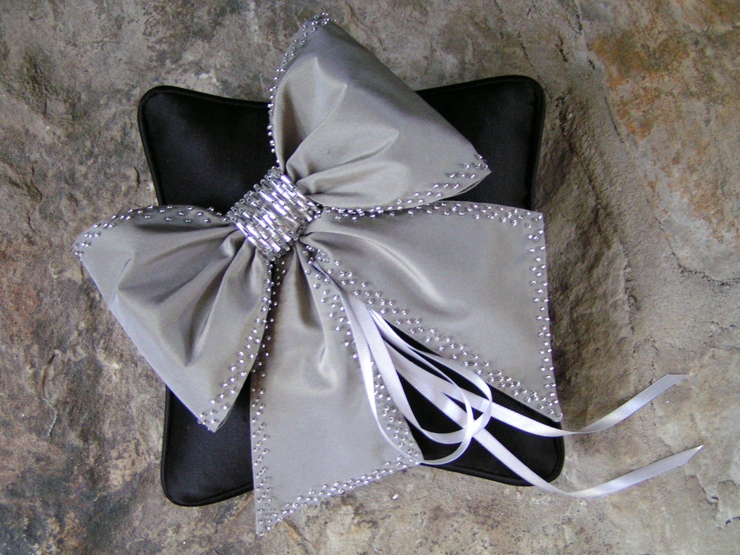 black and gray wedding pillow big bow pillow silver beadsblackweddings 