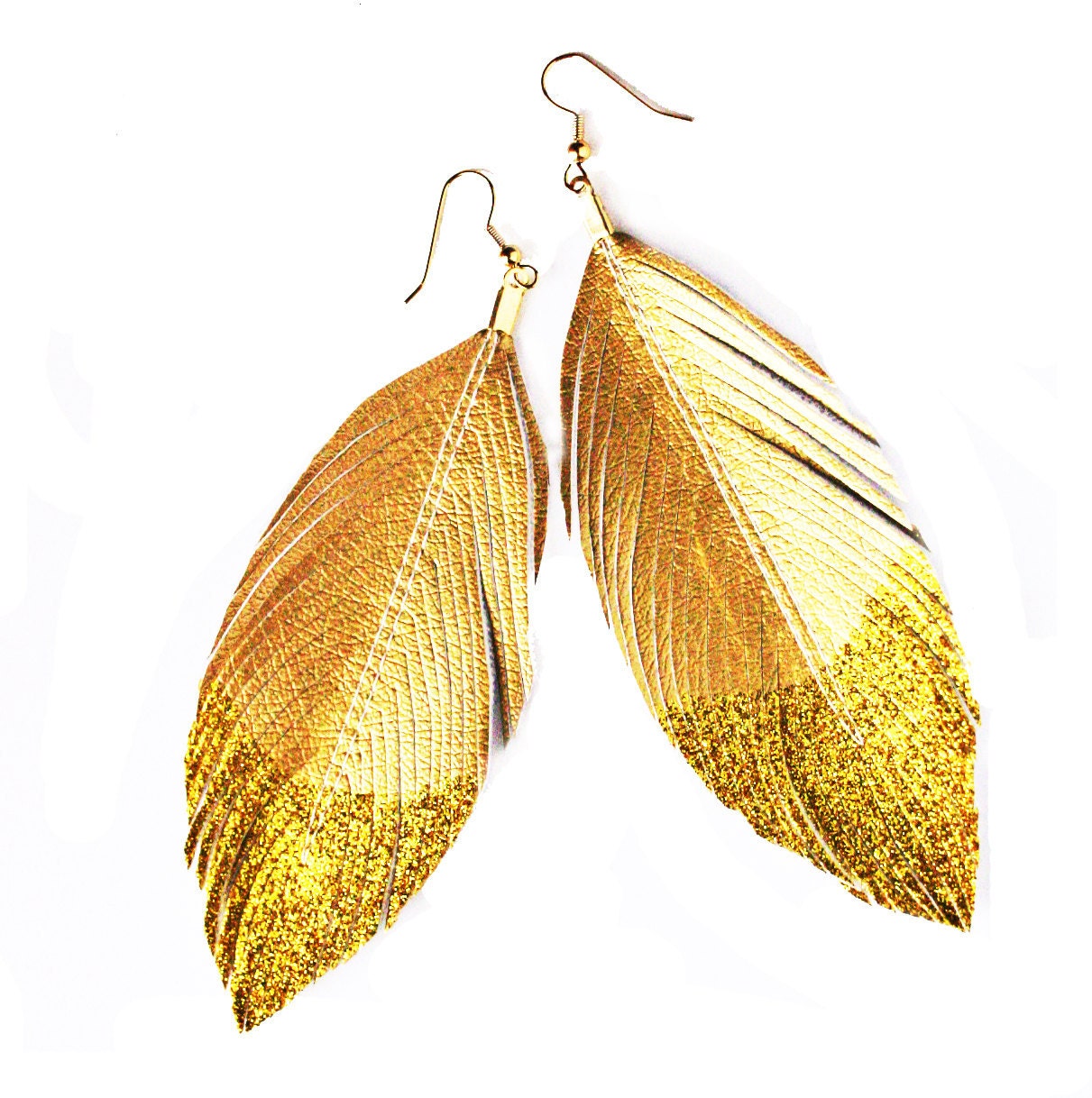 Glitter Gold Dipped - Faux Leather Feather Earrings - Surgical Steel Available - FREE SHIP