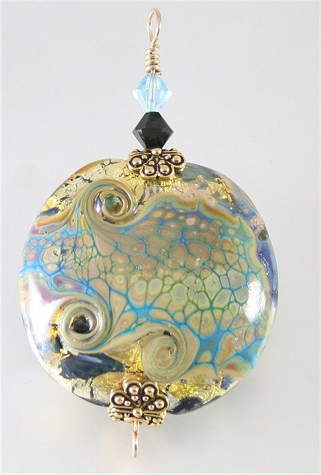 Blue, Black & Gold Glass Lampwork Focal Bead Pendant