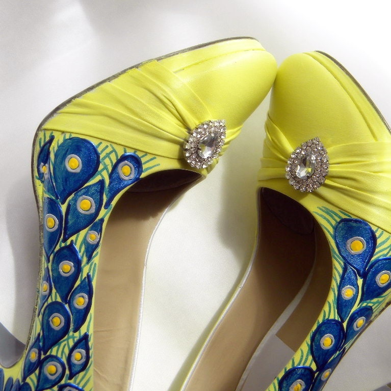 Wedding Shoes pale yellow high heels sexy peacock crystals grey soles