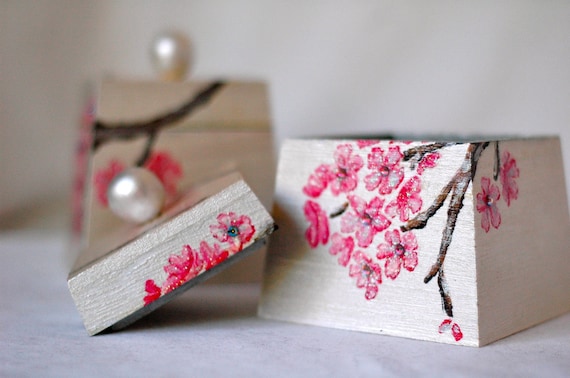 Set of 2, Handpainted Decorative Boxes with Cherry Blossoms, Butterflies, and Gems
