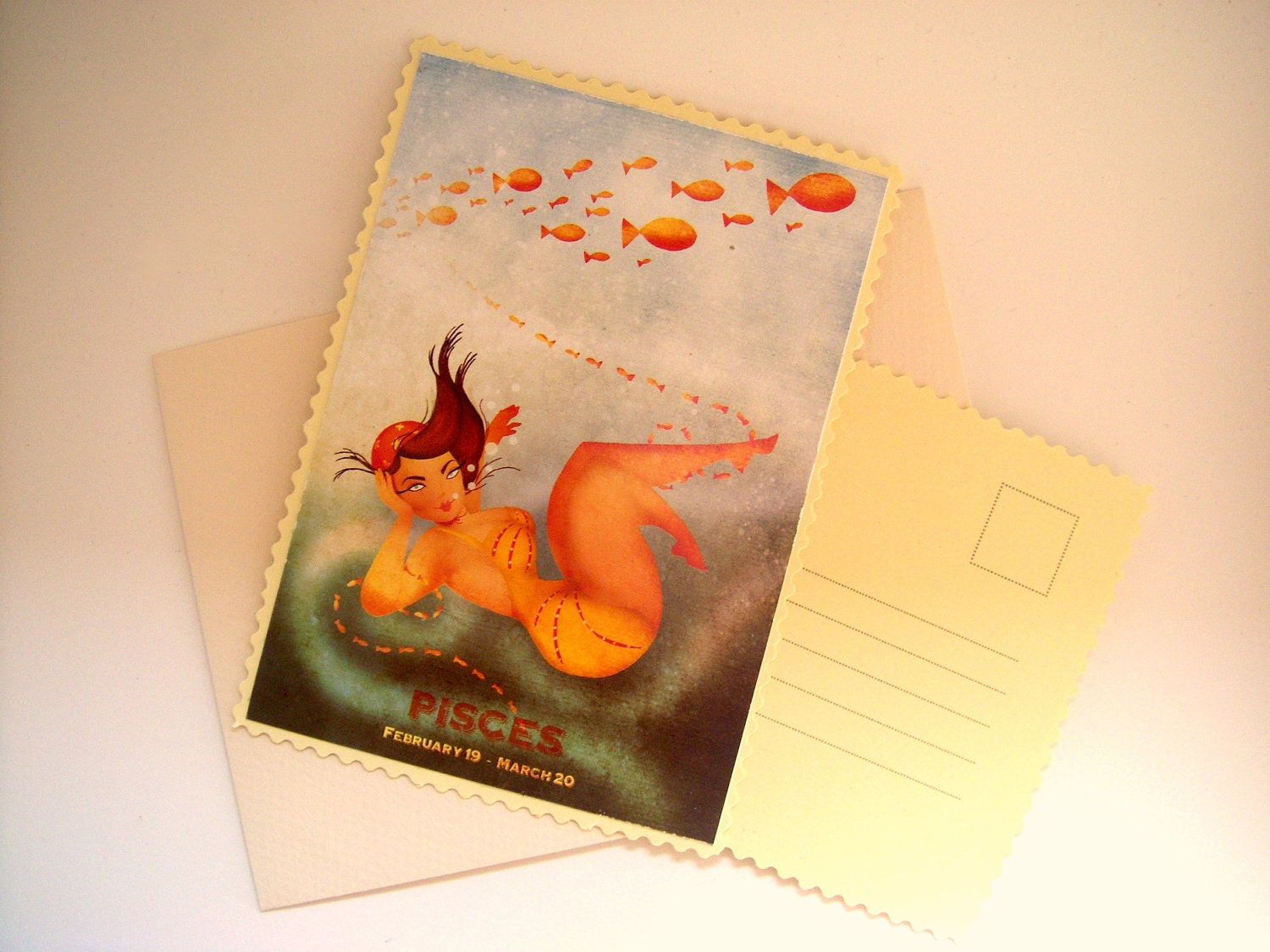 Greeting Card - Pisces - zodiac series - swimming under water with fishes - off-white envelop included - 3.9" x 5.6"