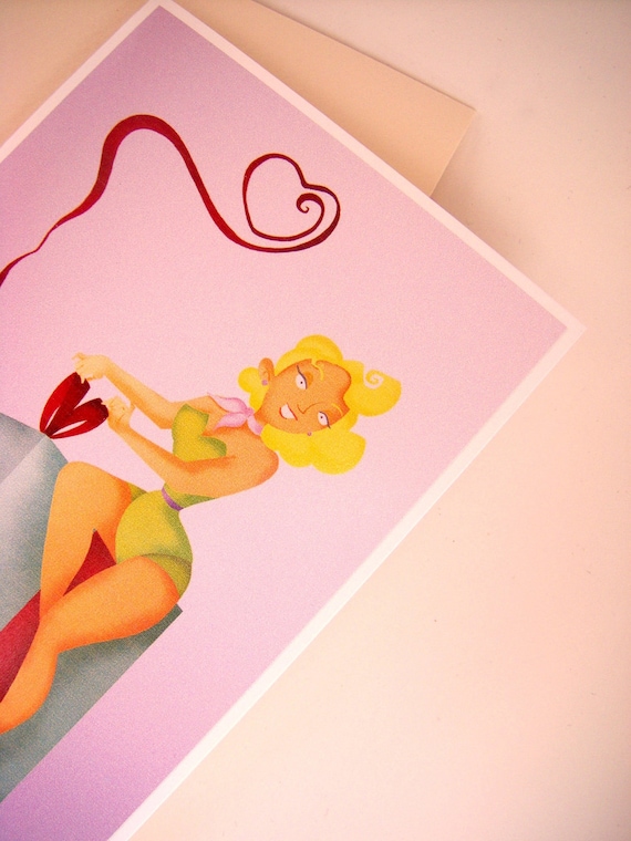 Greeting Card - Ribbon Heart Blonde Bombshell - blonde pinup girl with present - off-white envelop included - 3.9" x 5.6"