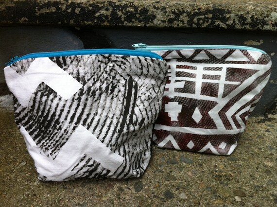 Cosmetics case, Black and white hand printed/clutch/organizer bag.