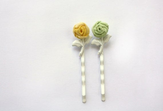 Tiniest Rose Bobby Pin Set- Yellow and Green Fabric Roses on White Metal Bobby Pins with Leaves