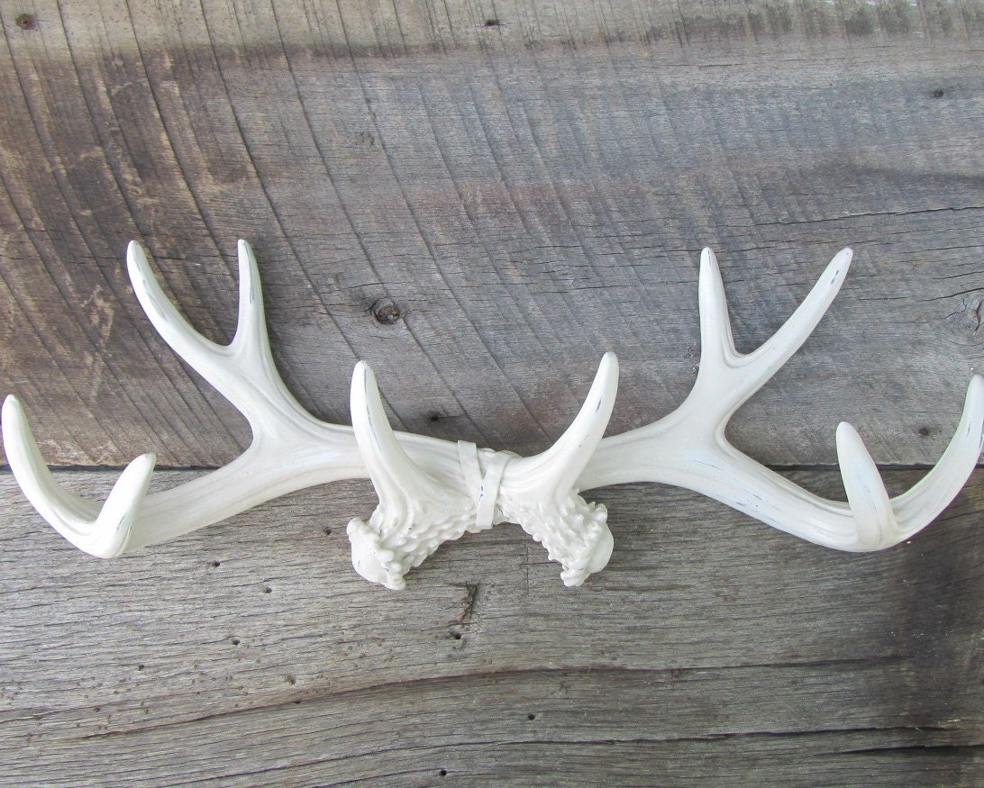 Large Antler Wall Rack in Shabby Creamy White / Faux Taxidermy