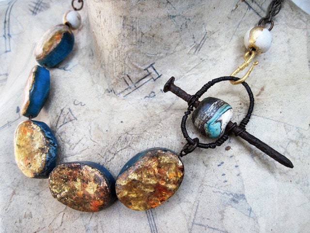 He Looks Out Through All Other Eyes. Gemstones, Gold Foil statement gypsy assemblage.