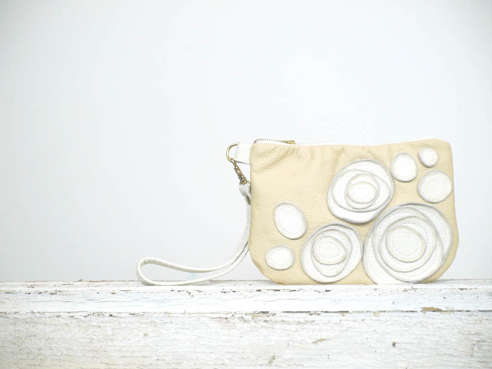 Woodland Wedding Clutch Wristlet Sand and ivory Leather Rosette Floral 