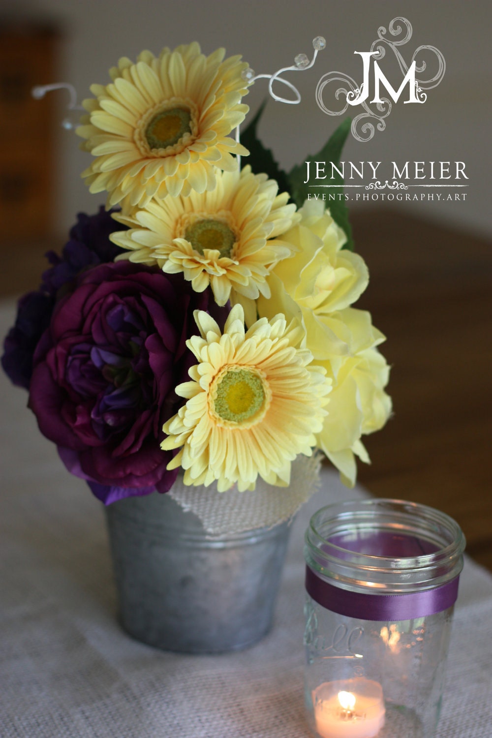 Wedding centerpieces handtied bouquet with yellow gerbera daisy 