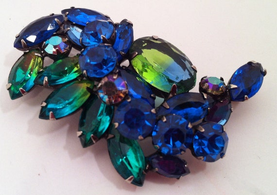 Kramer Watermelon Rhinestone Brooch, Blue and Green Rhinestones, FREE SHIPPING