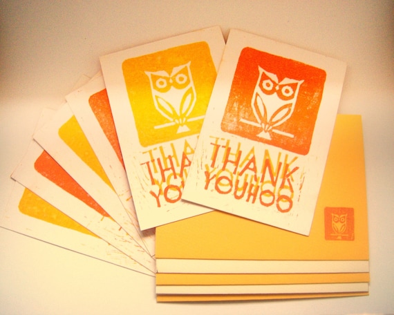 Thank You Card - Hand Stamped Owl Thank You cards - Set of 6 - yellow and orange - envelopes decorated with owl print included - linocut