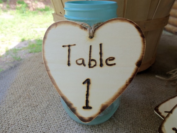 Set of 20 Engraved Heart Wedding Centerpiece Table Numbers From GoRustic