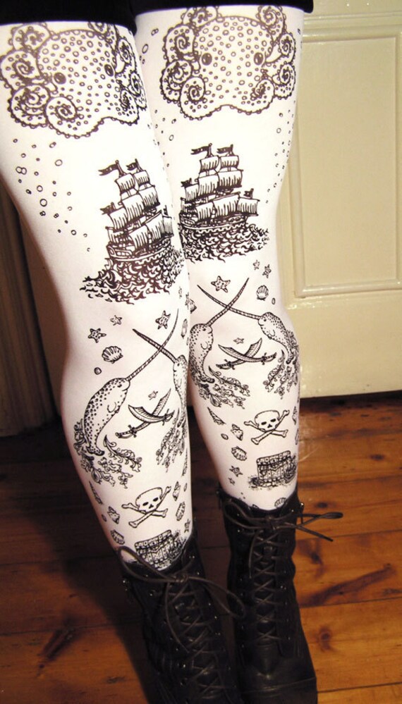 Nautical Tattoos Black and White Tights Printed Small Black Pearl on White 
