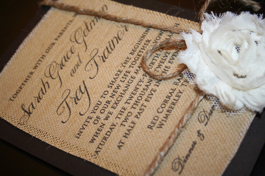 Sample ONLY Shabby Chic Burlap Wedding Invitations From HelloLoveBoutique