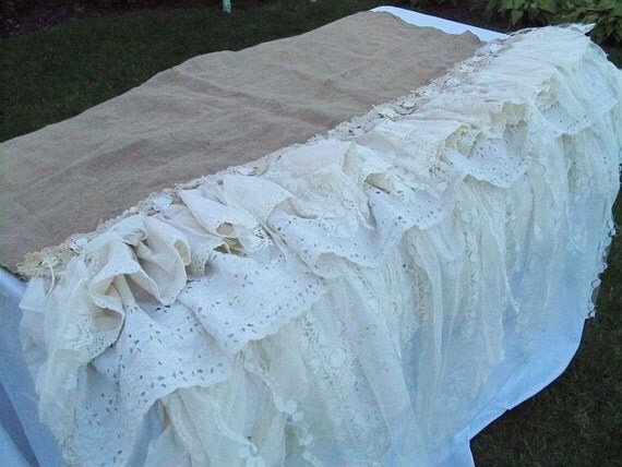Hand made romantic burlap table cloth cover white lace with ruffles Mothers