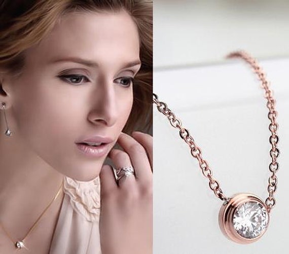 Angelina Julie style 14k rose gold plated simple diamond necklace