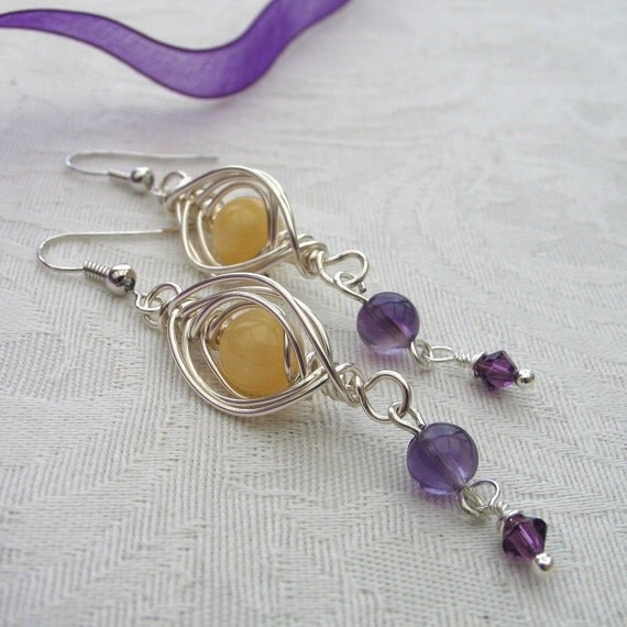 Yellow Jade and Amethyst Wire Wrapped Earrings