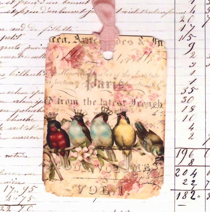 Vintage French Birds in Crowns Wedding Favors Gift Tags Paris