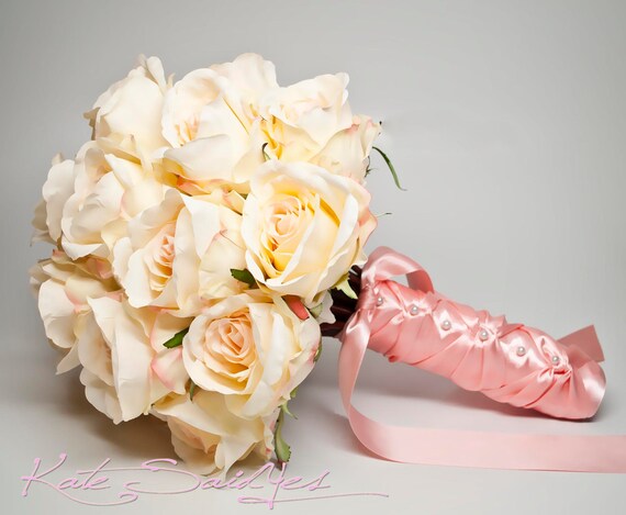 Wedding Bouquet Champagne and Blush Rose Silk Bridal Bouquet