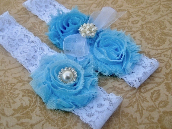 Vintage Blue Bridal Garter Set Toss Garter included Blue in Two tones and