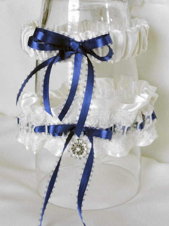 Antique Ivory Satin Garter SetIvory Lace OverlayRoyal Blue RibbonsBride 