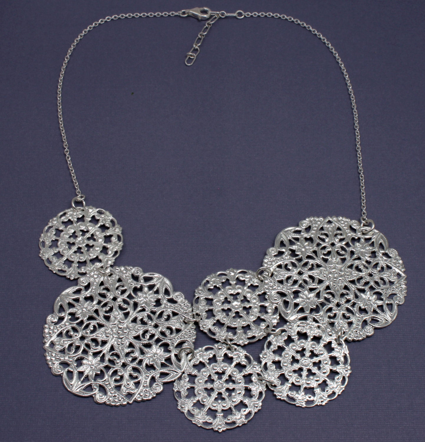 Statement Necklace, Silver Filigree Metal Necklace, Bright Silver Lace Necklace, Metal Bib Style Necklace