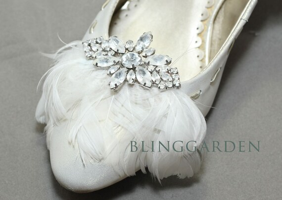A pair of Rhinestone Crystal White Feather Wedding Shoes Clips