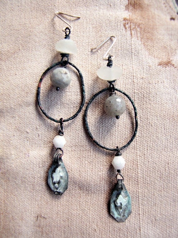 Europa - assemblage rustic earrings - artisan hoops - labradorite - kuchi charms