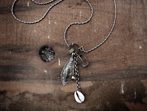 Motivator - salvage tribal necklace - vintage kuchi charm - rough rock crystal - tribal sci fi