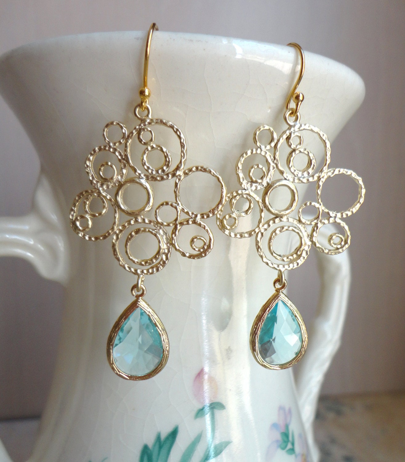 Aquamarine Blue Glass and Gold Bubble Earrings Beach Wedding