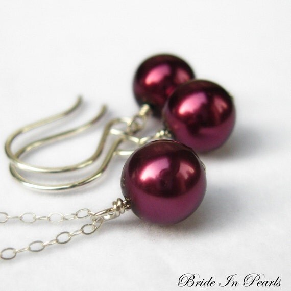 Bride in Pearls - necklace and earring set in Plum, custom colors available