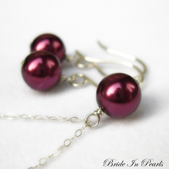 Bride in Pearls - necklace and earring set in Plum, custom colors available