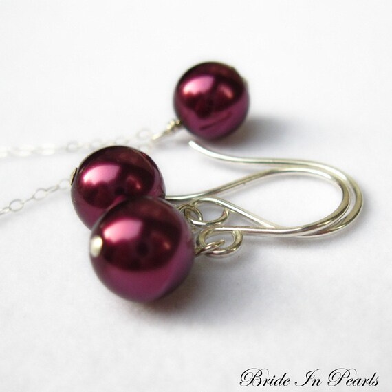 Bride in Pearls - necklace and earring set in Plum, custom colors available