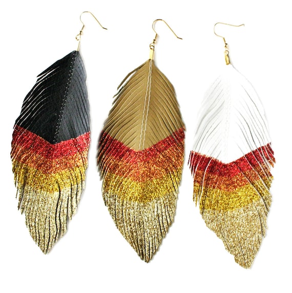 Girl On Fire - Glitter and Faux Leather BIG Feather Earrings - Surgical Steel
